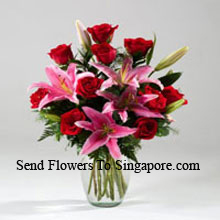 Lilies And Rose In A Vase Including Seasonal Fillers Delivered in Singapore