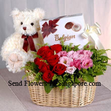 Basket Of Red And Pink Roses, A Box Of Chooclate And A Cute Teddy Bear Delivered in Singapore