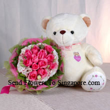 Bunch Of 12 Pink Roses And A Medium Sized Cute Teddy Bear Delivered in Singapore