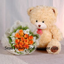 Bunch Of 12 Orange Roses And A Medium Sized Cute Teddy Bear Delivered in Singapore