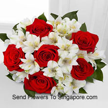 Bunch Of 6 Red Roses And Seasonal White Flowers Delivered in Singapore