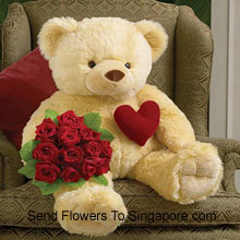 Bunch Of 12 Red Roses With A 32 Inches Tall Teddy Bear Delivered in Singapore