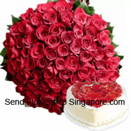 Bunch Of 100 Red Roses With Seasonal Fillers Along With 1 Kg Heart Shaped Vanilla Cake