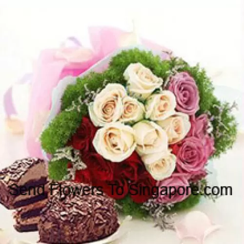 Bunch Of 8 Pink, 8 White And 8 Red Roses With Seasonal Fillers Accompanied With A 1 Lb. (1/2 Kg) Black Forest Cake