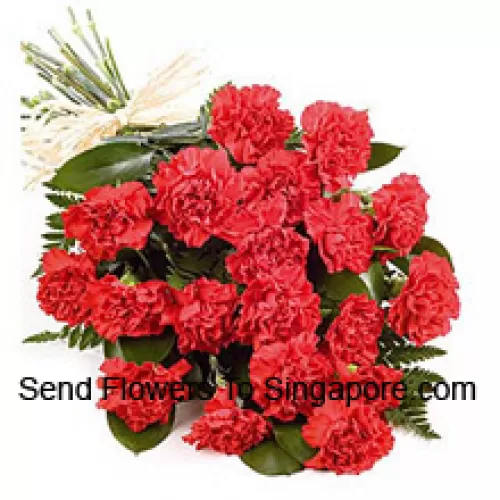 Un beau bouquet de 24 œillets rouges avec des remplissages saisonniers