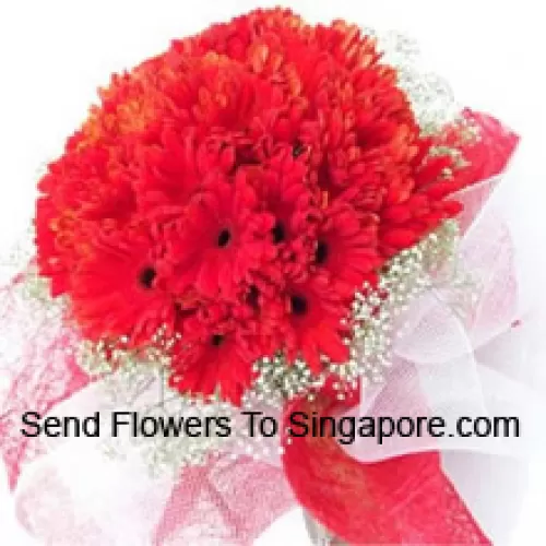Un magnifique bouquet de 36 gerberas rouges avec des remplisseurs saisonniers