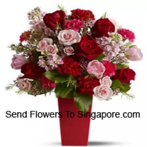 Red Roses, Red Carnations And Pink Roses With Seasonal Fillers In A Glass Vase -- 24 Stems And Fillers