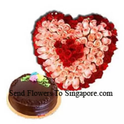 Heart Shaped Arrangement Of 150 Roses (Red And Pink) Along With Delicious 1 Kg Chocolate Truffle Cake