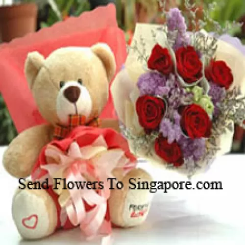 Bouquet de 6 roses rouges et une peluche mignonne de taille moyenne
