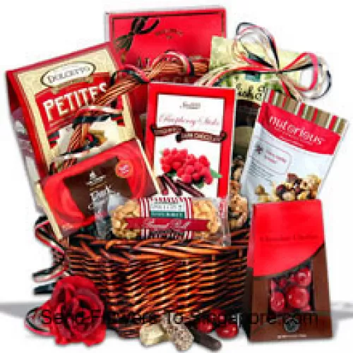 An Exclusive Valentine Gift Basket Having Dark Chocolate Bars, Chocolate Wafer Petites, English Toffee Singles, Chocolate Cherries, Cherry Vanilla Va-Voom Nut Confection, Peanut Roll, Dark Chocolate Raspberry Sticks And Almond Roca Buttercrunch Toffee Box (Please Note That We Reserve The Right To Substitute Any Product With A Suitable Product Of Equal Value In Case Of Non-Availability Of A Certain Product)