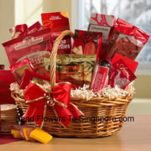 The people have spoken, and they choose... this gourmet gift basket for Chinese New Year! This best selling basket is a true charmer, presenting the perfect blend of sweet and savory treats for the season. Our wicker basket is overflowing with Smoked Ham Sausage, Sharp Cheddar Cheese, Fancy Water Crackers, North Carolina Roasted Peanuts, salty and sweet Kettlecorn, Dutch Cheese Butterfly Biscuits, English Assam Tea and Old North State Blend Coffee. For dessert we have included Chocolate Truffles, Scottish Shortbreads, Ballerina Cookies and German Chocolate Cake. (Please Note That We Reserve The Right To Substitute Any Product With A Suitable Product Of Equal Value In Case Of Non-Availability Of A Certain Product)